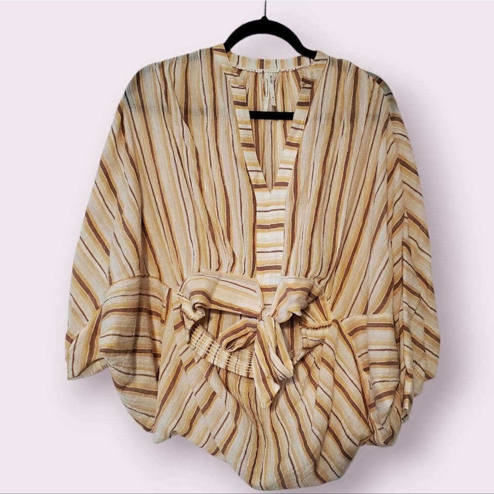 ANTHROPOLOGIE Striped Gauzy Blouse Tie Front Back Smock Hem Oversized Size XS